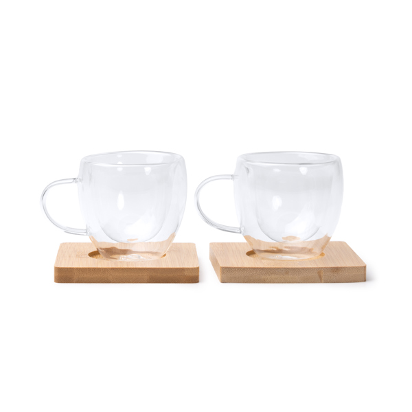 Set de café compuesto por 2 tazas ROBUS de cristal y bambú doble pared